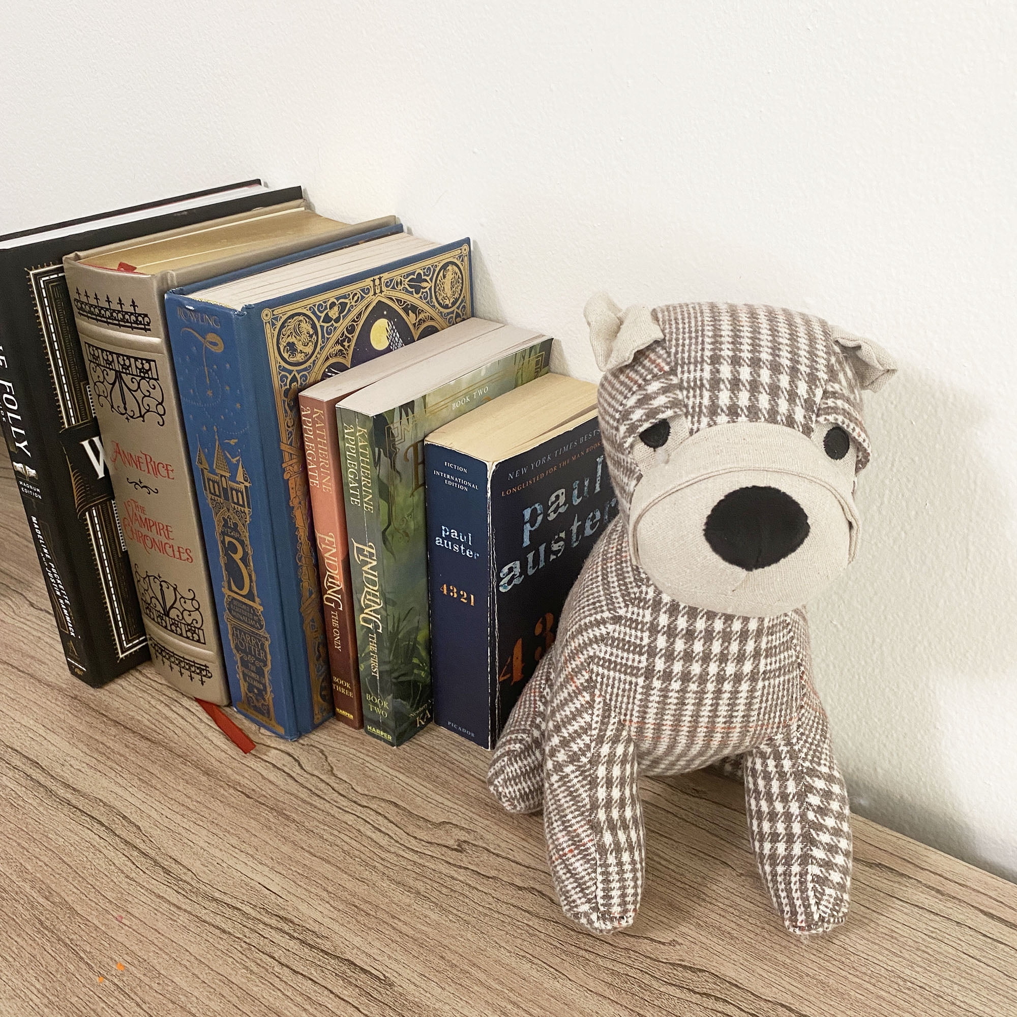Decorative Dog Door Stop - 2.3 lb. Weighted Door Stopper for Living Room, Bedroom or Office - Adorable Puppy Design with Beige Tartan Fabric - Durable and Stylish Door Holder