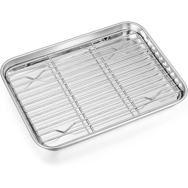 Toaster Oven Pan with Rack Set, P&P CHEF Stainless Steel Broiler Pan with Cooling Rack, Mini Rectangle 9‘‘x 7‘‘x1‘‘, Non Toxic & Heavy Duty, Mirror Finish & Dishwasher Safe