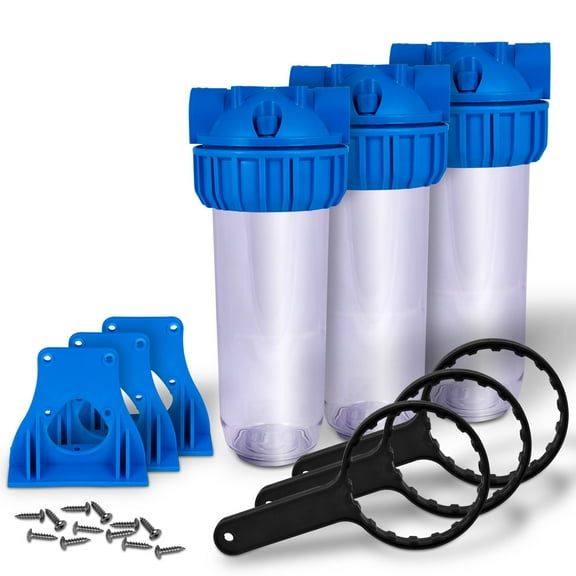 10" Transparent Standard Housing for Whole House Water Filtration System, 3/4 Brass Port, Mounting Hardware Included! (3 PACK)