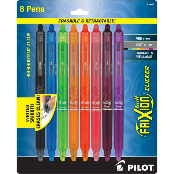 Pilot FriXion Clicker Erasable Gel Ink Pens, Fine Point, 0.7mm, Assorted Ink, 8 Count
