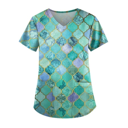 

Yubatuo Independence Day Women Plus Size Scrubs Top with Pockets V-Neck Short Sleeve Printed Work Blouse for Women Green 4XL