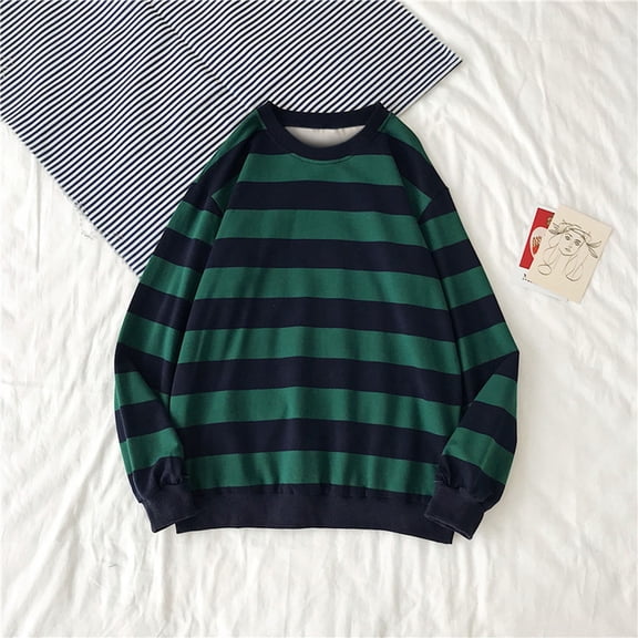 Dyfzdhu Crewneck Sweatshirt Men Autumn Winter Oversized Striped Long Sleeve Pullover Top Army Green