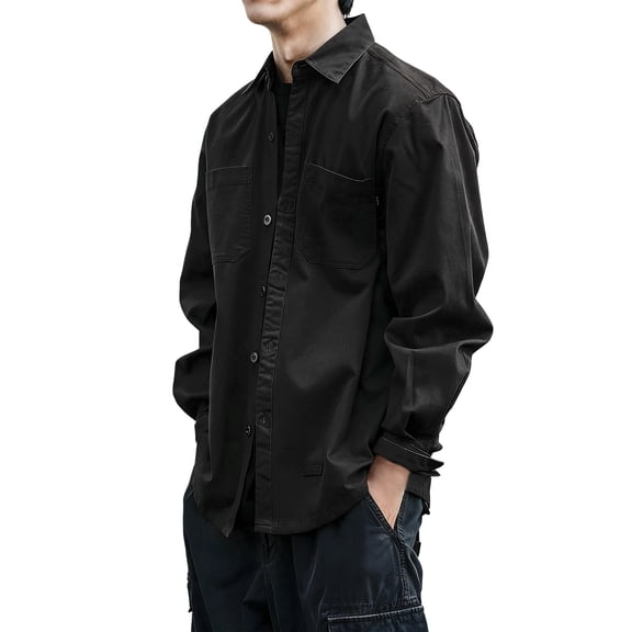 BUWTTER Men Shirts Button Down Heavy Duty Work Long Sleeve Utility Twill Casual Business Durable Comfortable Pocketed Black Shirt L