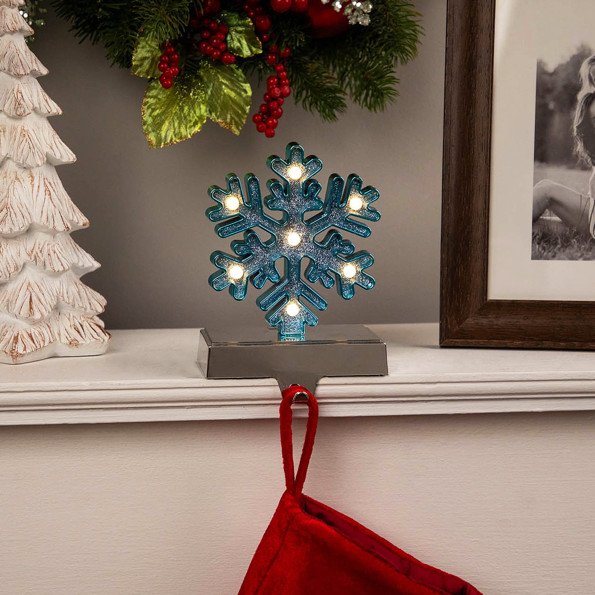 Northlight LED Lighted Glittered Snowflake Christmas Stocking Holder - 6.5" - Blue