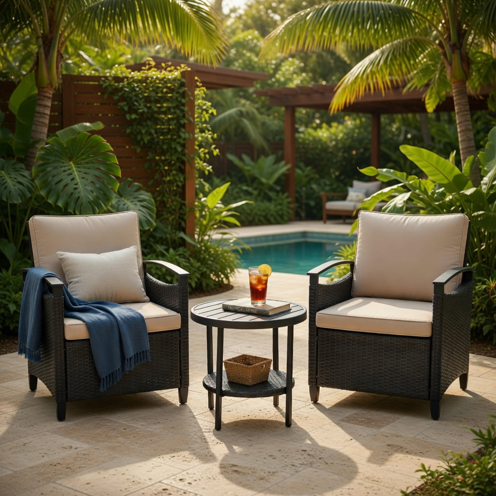 Hommoo 3-Piece Outdoor Rattan Patio Furniture Set, 2 Seater Sofas with Cushions + Storage Coffee Table with Shelf, Weather-Resistant Wicker Garden & Backyard Set, Brown and Black