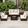 thumbnail image 1 of Costway 7 PCS Patio Furniture Set 40,000 BTU Gas Fire Pit Table Propane Tank Cover Table Mix Brown + Off-White, 1 of 10