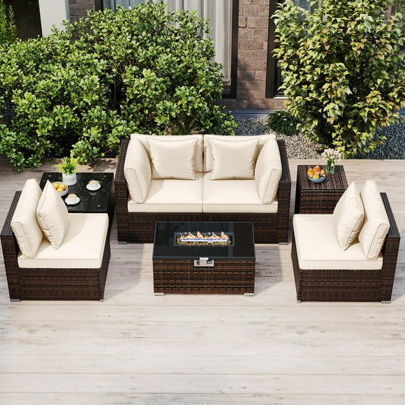 Costway 7 PCS Patio Furniture Set 40,000 BTU Gas Fire Pit Table Propane Tank Cover Table Mix Brown + Off-White