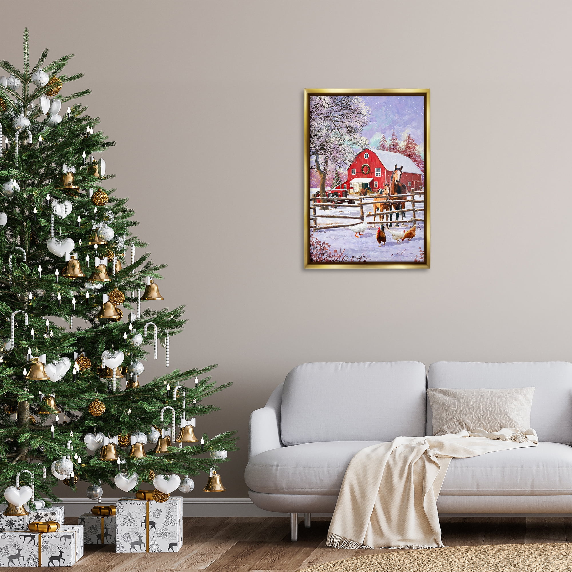 Stupell Industries Winter Farm Scene Holiday Painting Gold Floater Framed Art Print Wall Art, 21 x 31