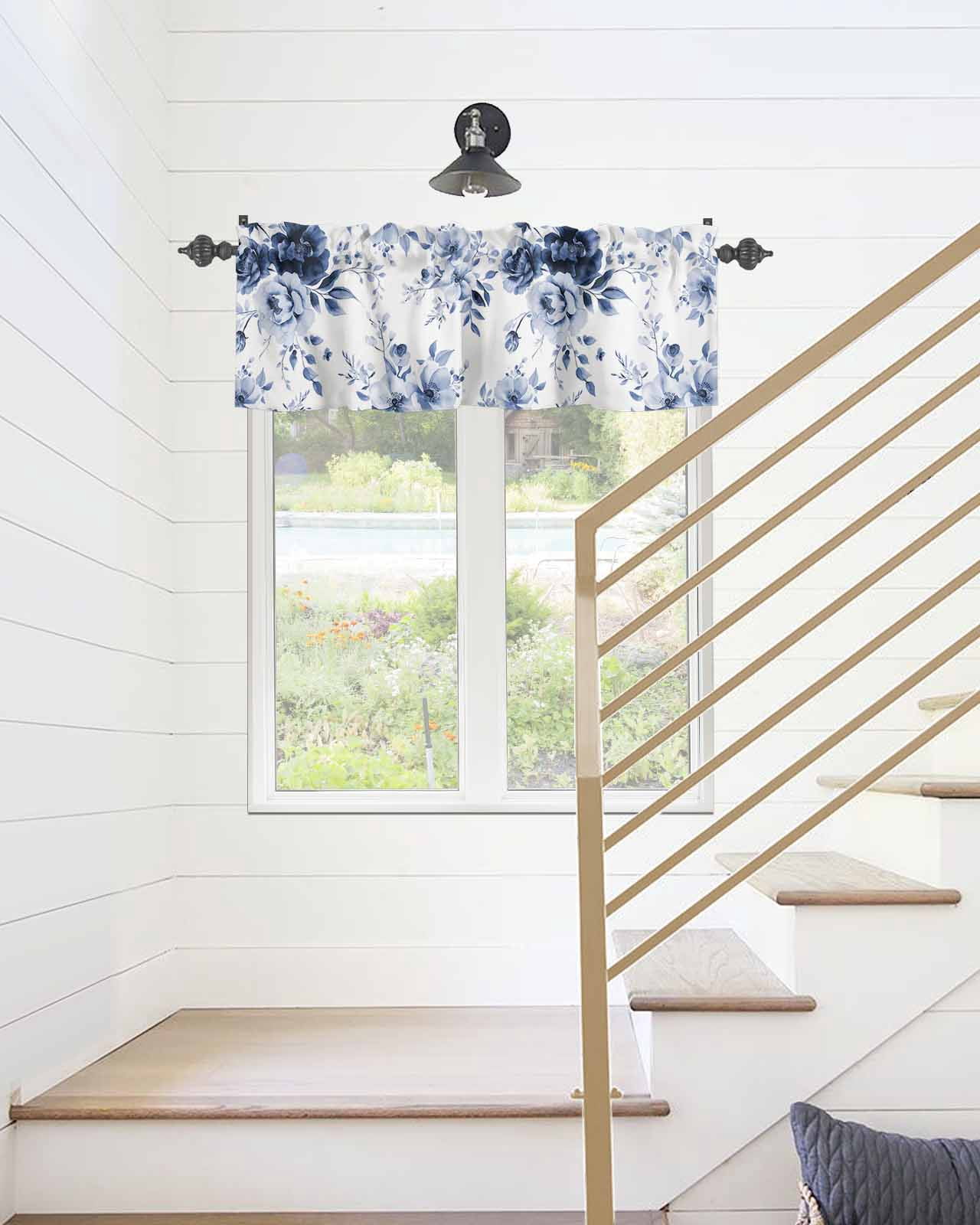 Booming Blue Gradient Floral Curtain Valances for Kitchen Windows,Rod Pocket Short Valance Watercolor Flowers on White Window Treatment for Living Room Bathroom Bedroom,54" x 18"-1 Panel