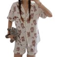 thumbnail image 4 of Mujeres ropa de dormir manga corta oso impreso suelta botón camisa pantalones cortos pijama conjunto oso patrón L, 4 of 8