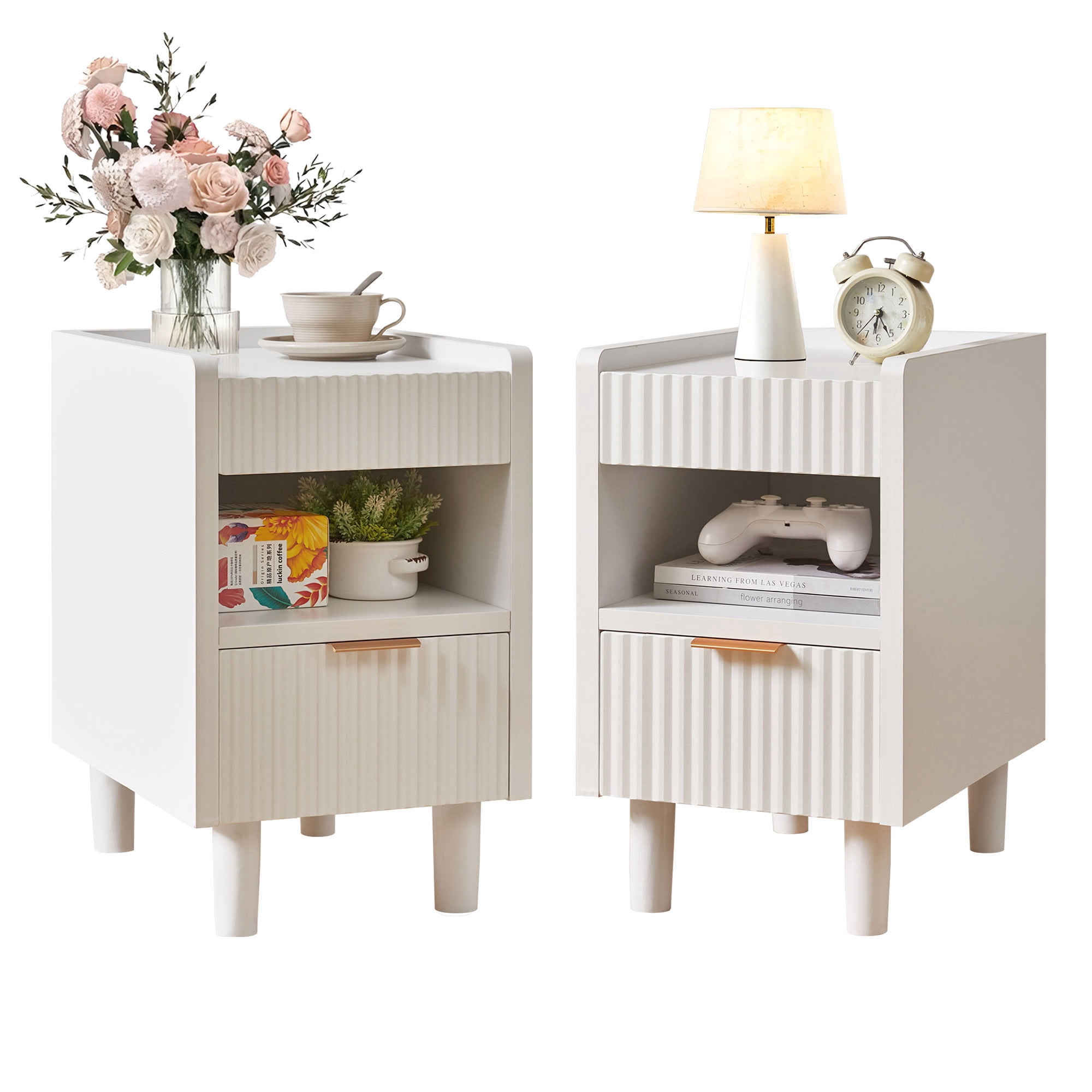 MAYEERTY Fluted Compact Nightstand Set of 2, Modern Wood Bedside End Table with 2 Drawers & Open Storage Cubby, for Bedroom Living Room Small Apartment Dorm