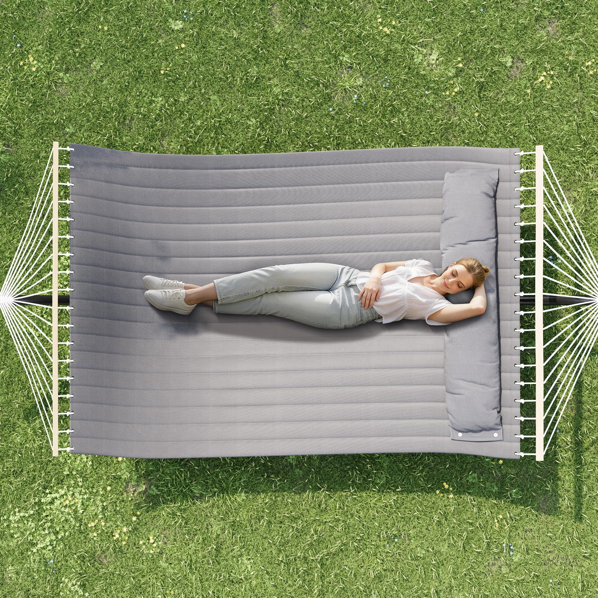 Accreate Double Hammock with Stand for 2 Person, Heavy Duty 475lb Capacity Outdoor Freestanding Hammock Bed with Steel Frame, Quilted Pillow & Carry Bag - Easy Assembly