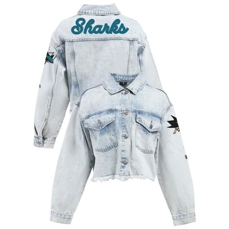 Women s Hype and Vice Denim San Jose Sharks Chenille Raw Edge Cropped Full-Button Jean Jacket