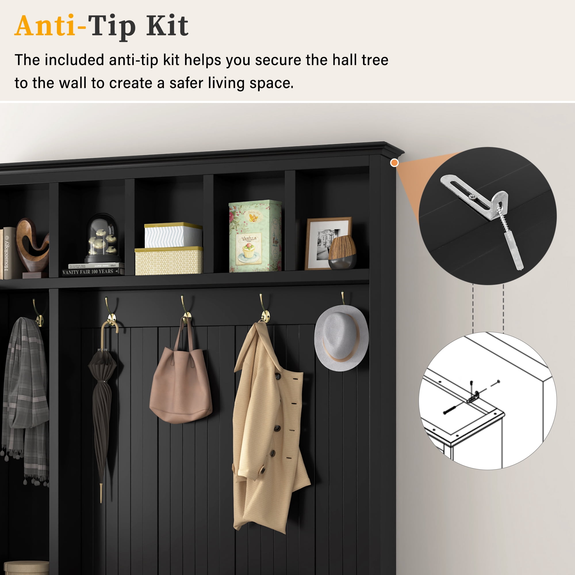 HOQBN 79"H Entryway Hall Tree with 5 Coat Hooks,Shoe Bench & 5 Drawer Storage Cabinet, All-in-One Storage Organizer Coat Rack for Hallway, Living Room,Black