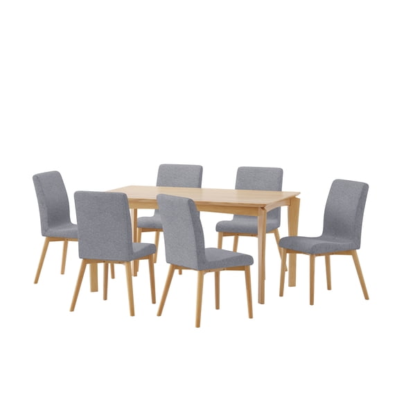 GDF Studio Amesbury Wood and Fabric 7 Piece Dining Set, Natural Oak, Dark Gray