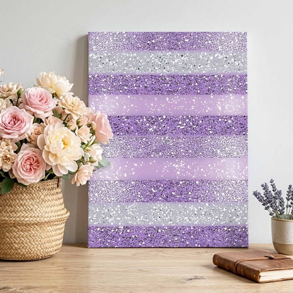 Canvas Wall Art Abstract Purple Stripe Canvas Art Print White Stripes Sequins Celebration Pictures Wall Decor for Living Room Bedroom Artwork Decorations Stretched Framed Ready to Hang 12"x16"