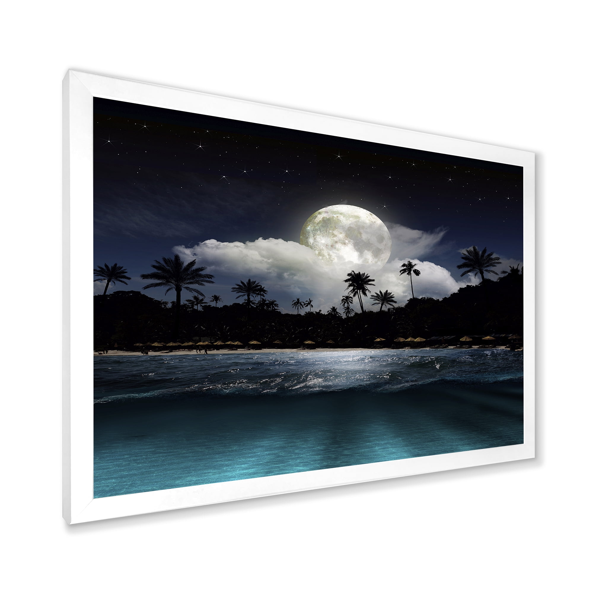 Designart 'Green Beach Under Tropical Full Moon' Modern Framed Art Print