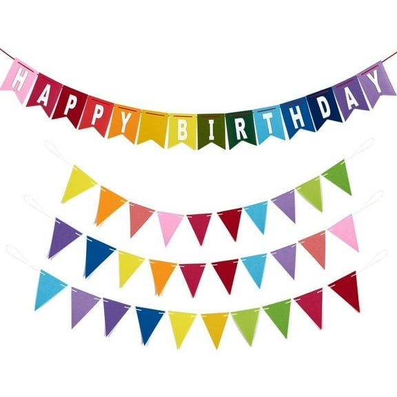 8 Feet Rainbow Happy Birthday Banner with 3 Colorful Felt Pennant Flag Banners (6 Feet) for Party Decorations