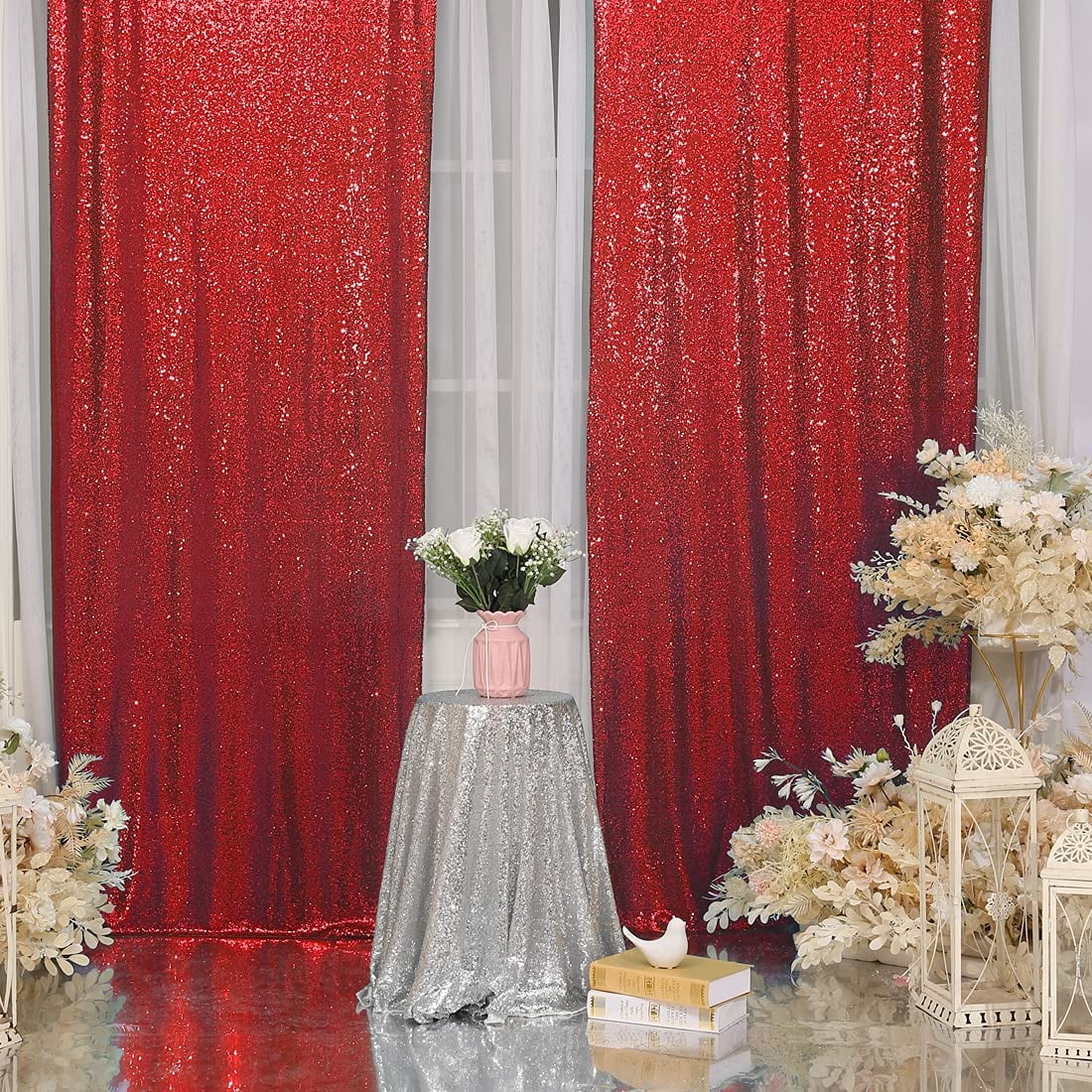 SoarDream 2Pcs Red Sequin Backdrop Drapes 2FTx8FT Glitter Background Curtains Fabric