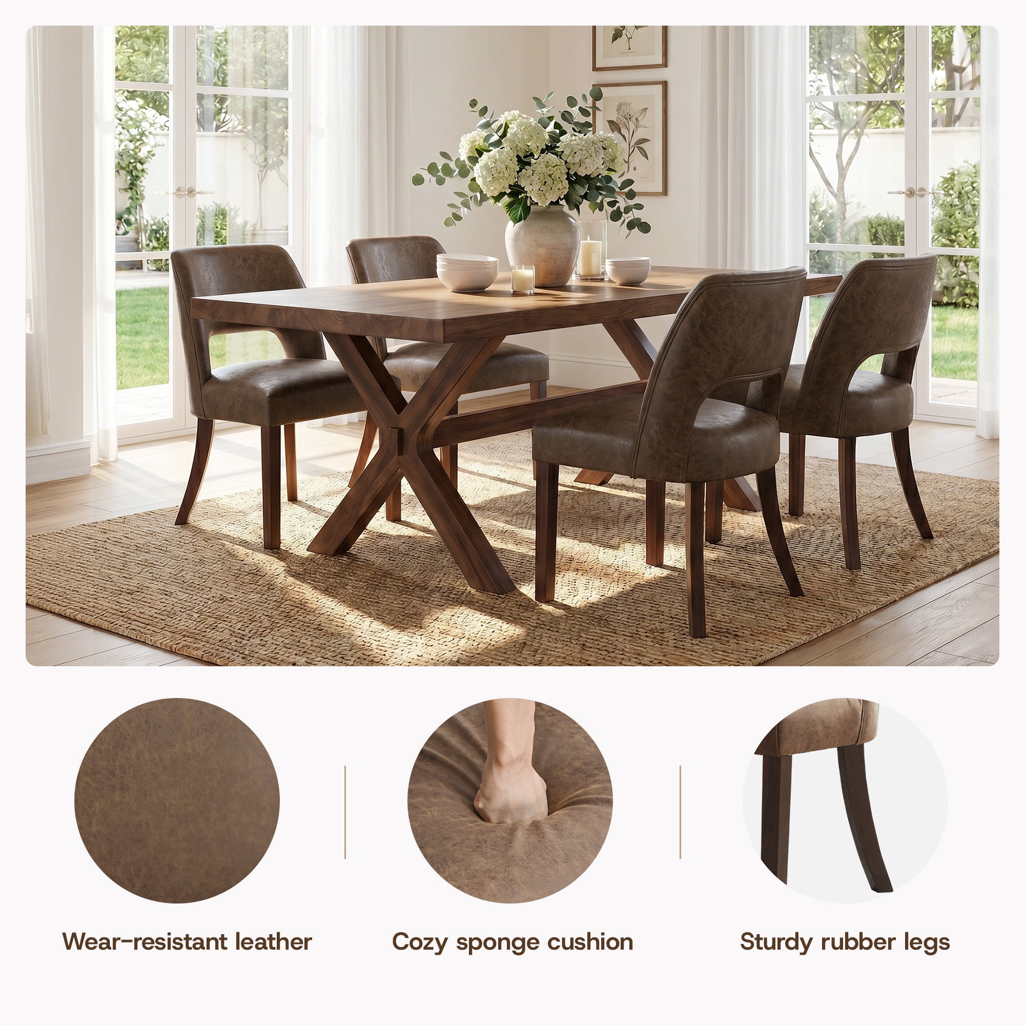 VKNOW Faux Leather 20.7" W Upholstered Dining Chairs Set of 4, Thick Foam Cushion Kitchen & Dining Room Chairs with Solid Wood Legs, Dark Brown