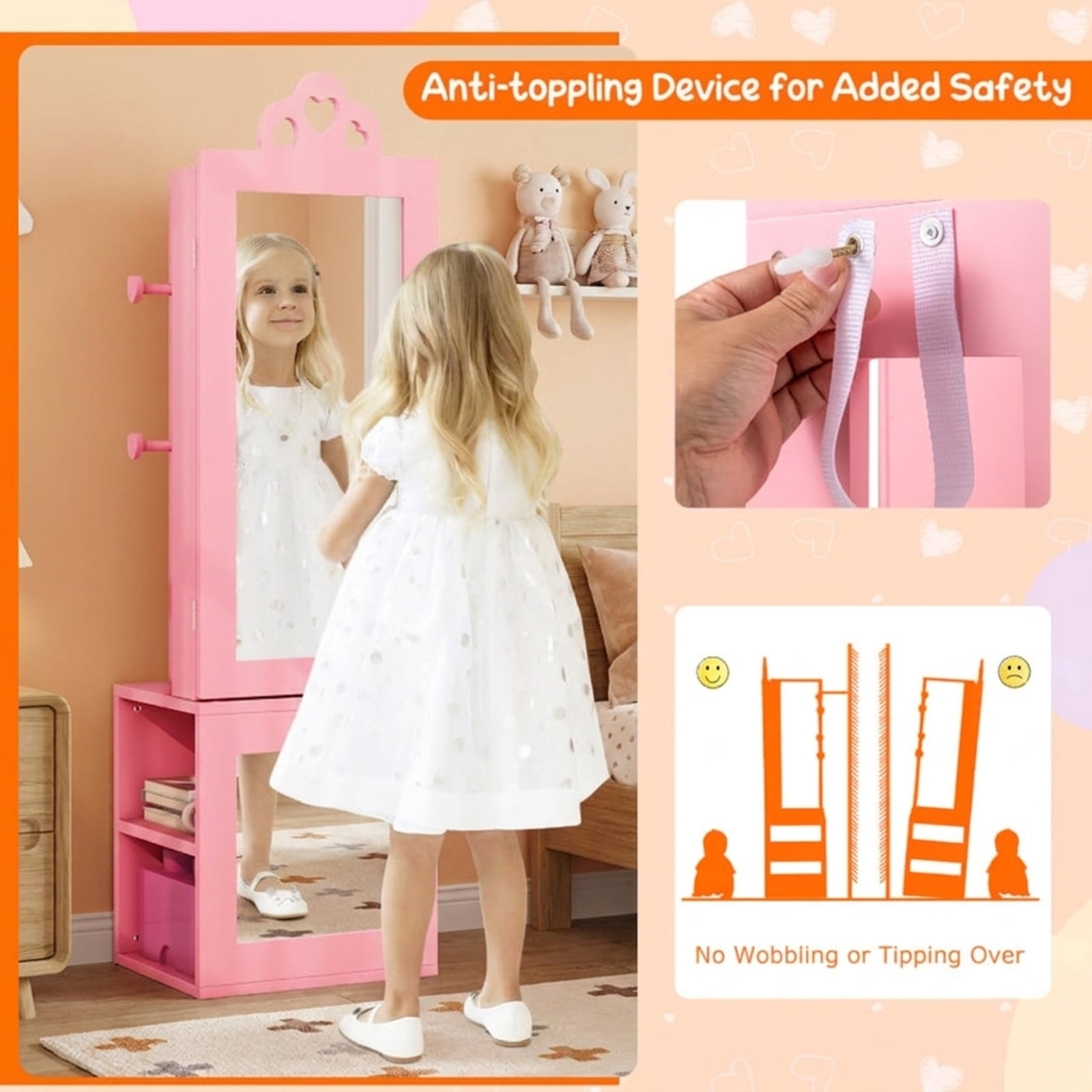 Furnibear Kids Vanity Set Girls Dressing Table and Stool with Full-Length Mirror Jewelry Cabinet Drawer for Bedroom, Pink