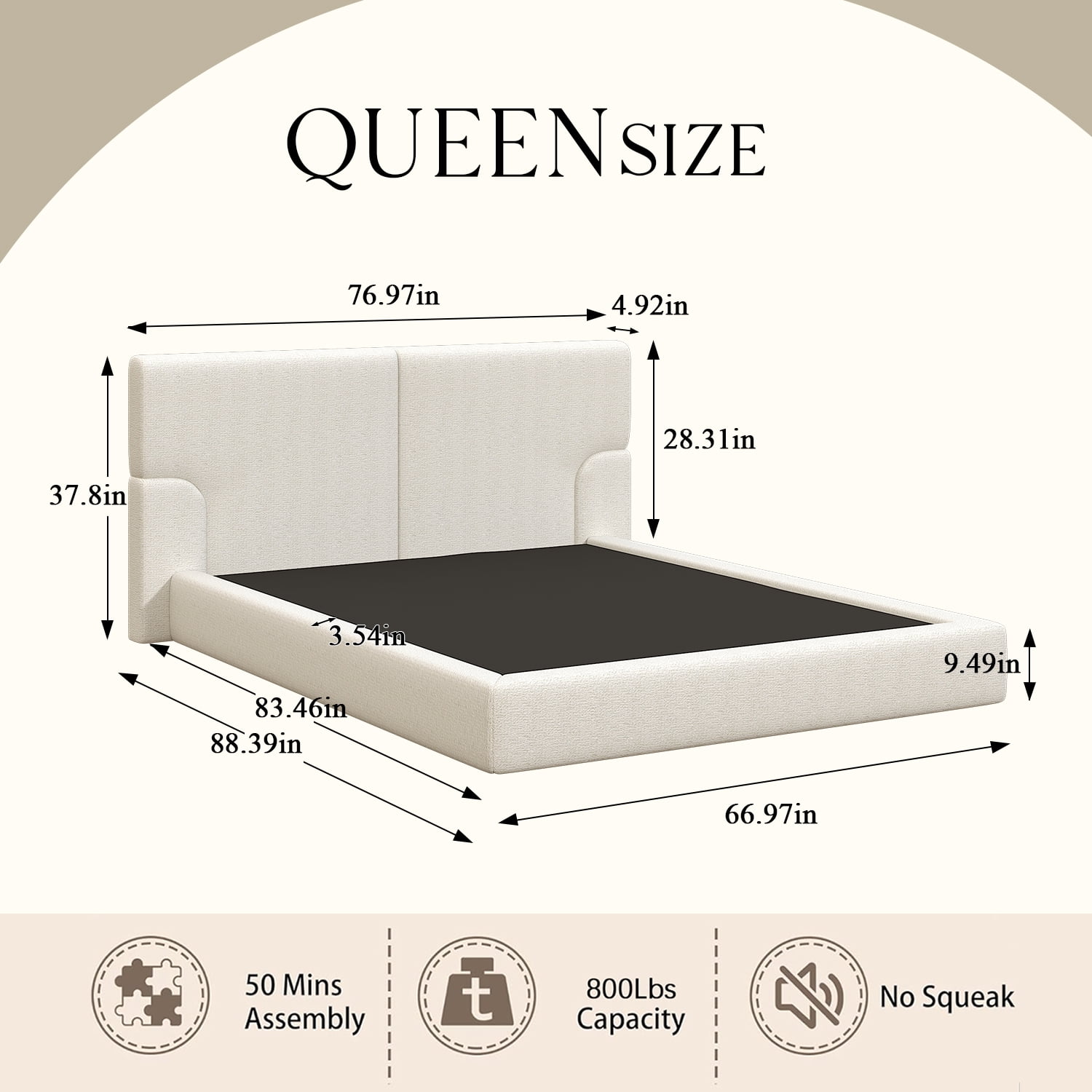 Miniyam Queen Upholstered Platform Bed Frame with 4.92" Padded Headboard, Jacquard Fabric Low Profile Bed, Cream White
