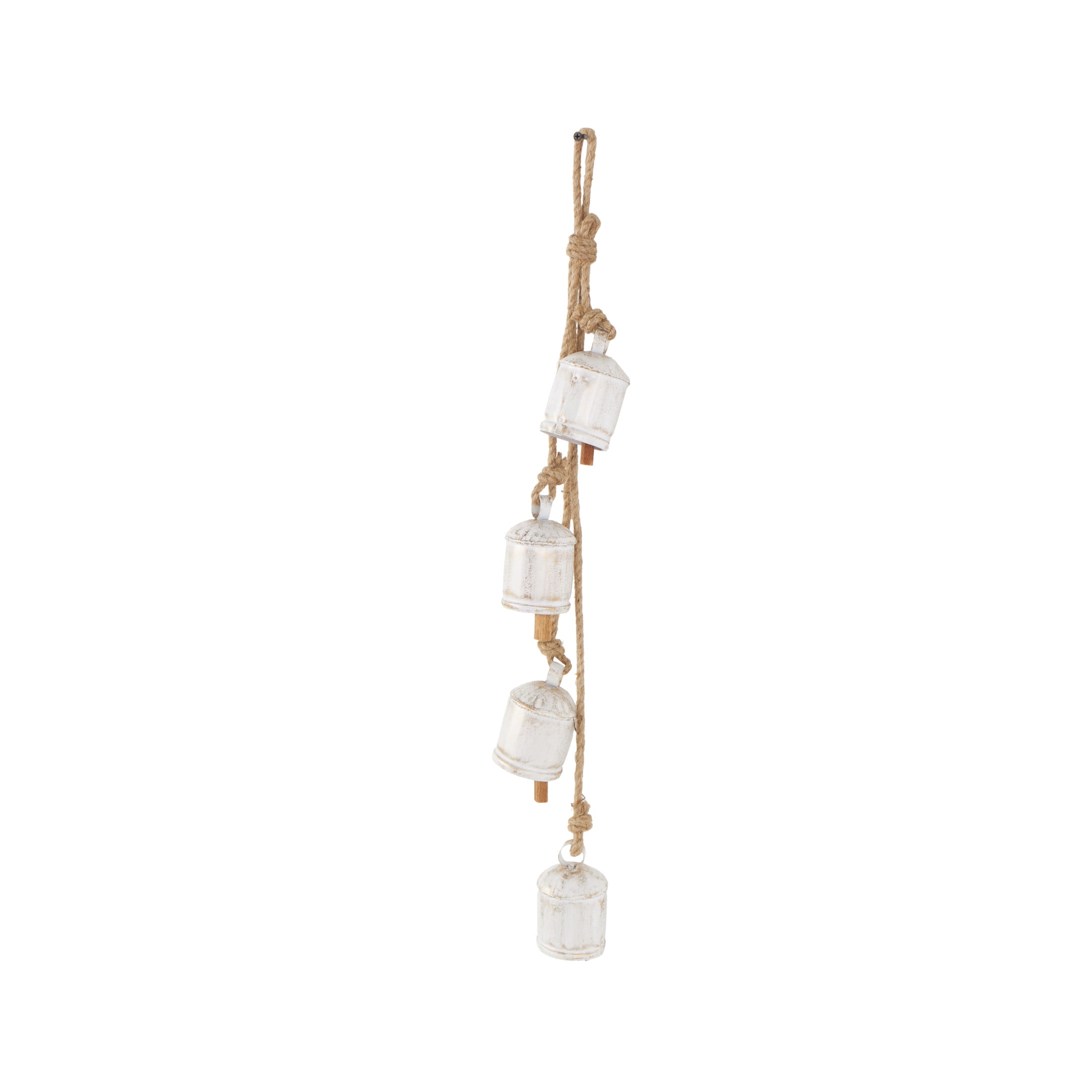 DecMode Tibetan Inspired Cascading White Metal Cylindrical Decorative Bells with 4 Bells on Jute Hanging Rope