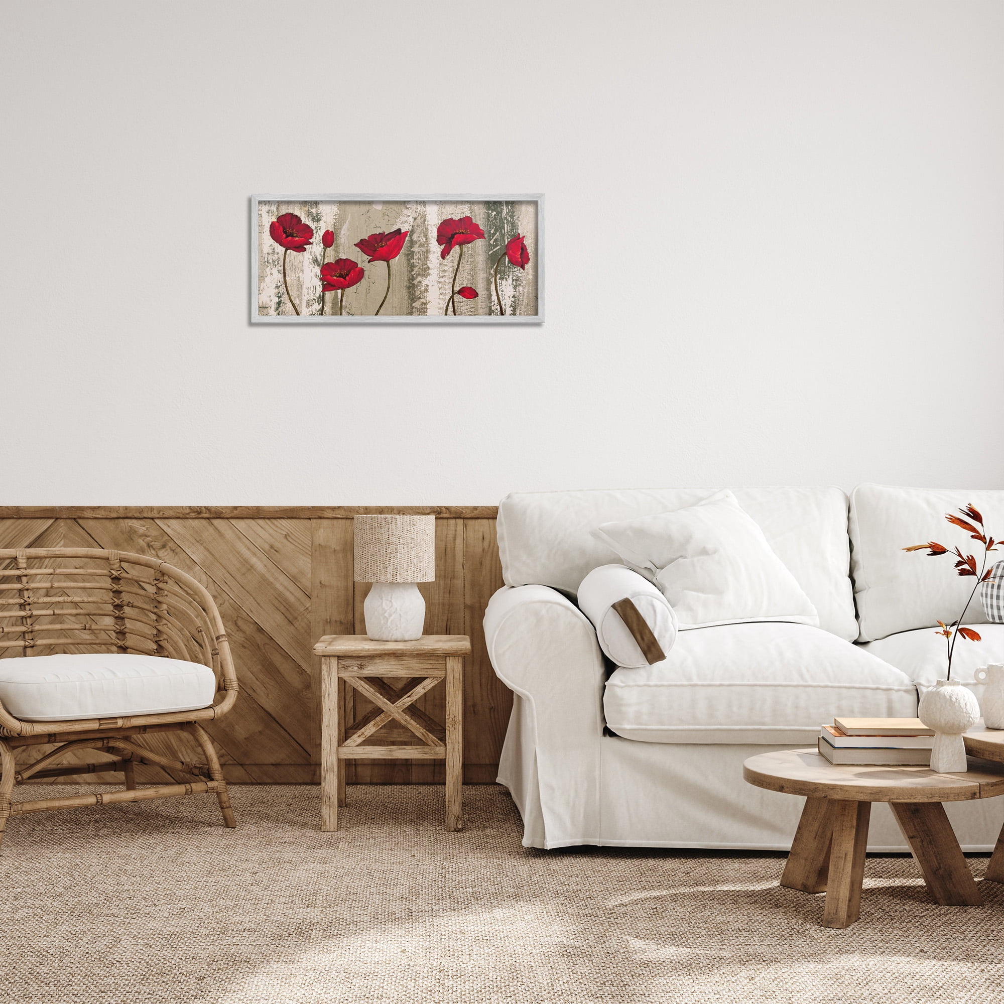 Stupell Industries Red Poppies Rustic Pattern Botanical & Floral Painting Gray Framed Art Print Wall Art, 24 x 10
