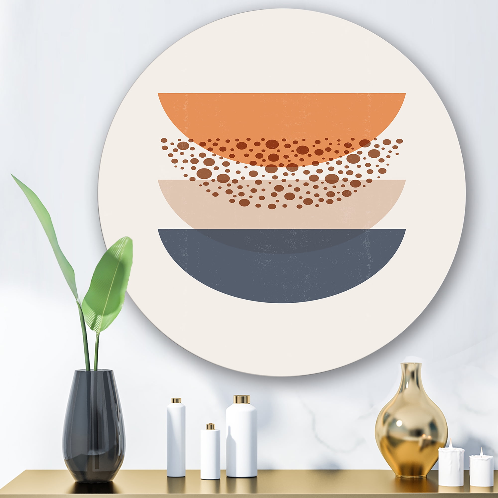 Designart 'Abstract Moon and Sun Geometrics In Blue & Orange' Modern Circle Metal Wall Art 11x11 - Disc of 11