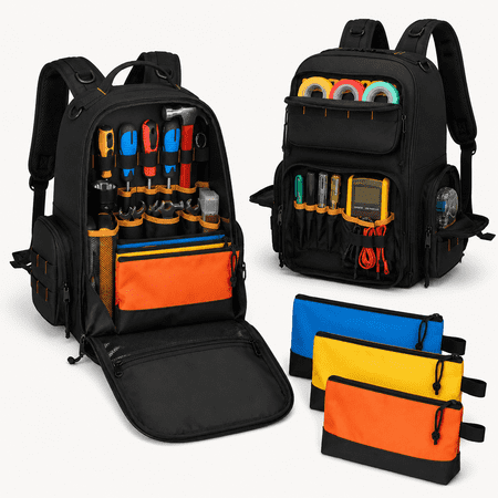 Tool Bag Backpack with 3 Tool Zipper Pouch Tool Organizer Bag for Men with Padded Support Tactical Tool Storage Work Bag for Repairman Electrician Handyman Black