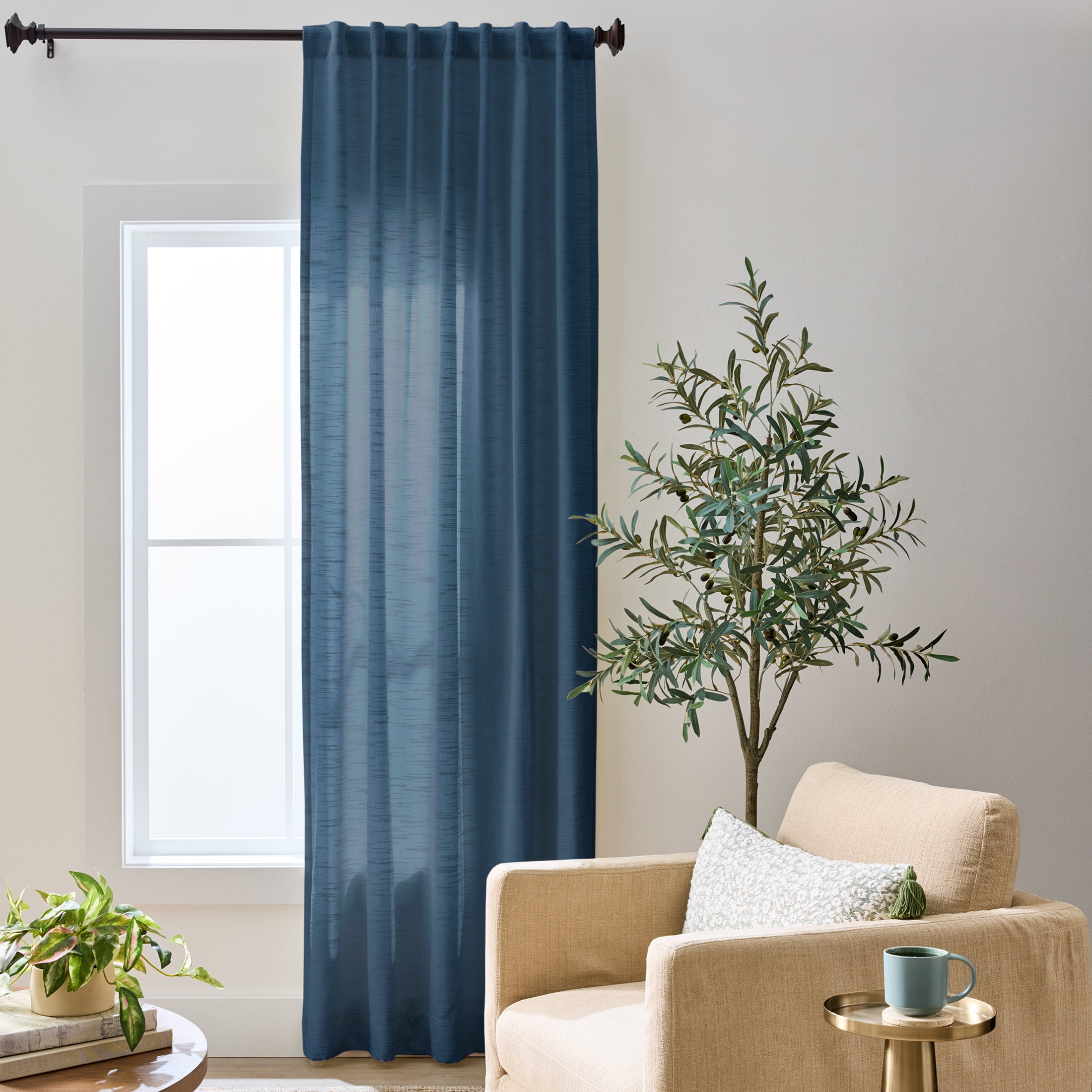 Better Homes & Gardens Textured Solid Chenille Light Filtering Single Curtain Panel, Washed Indigo, 50"W x 84"L