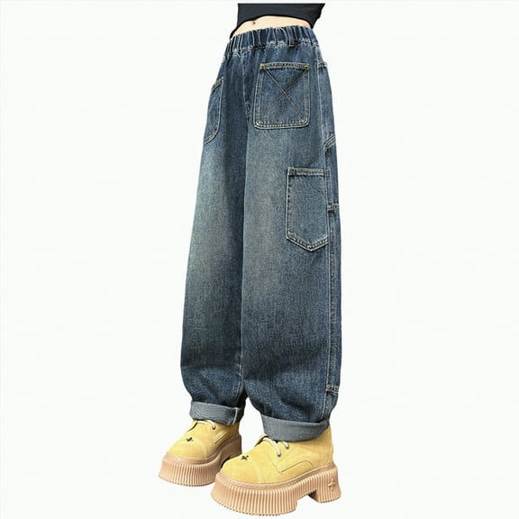 mgoYE Girls Jeans Size 10 Girls Jeans Cute Heart Bow Print Jeans High Elastic Waisted Denim Trousers Kids Casual Streetwear Wide Leg Baggy Jean Ripped Jeans for Girls(Grey,9-10 Years)