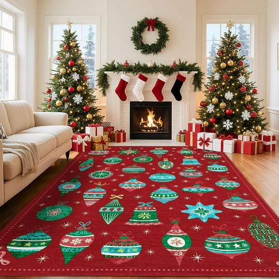 Washable 4' x 6' Christmas Rugs for Living Room, Soft Non Shedding Carpet with Non Slip TPR Backing, Xmas Printed Mat for Bedroom Dining Room, Red