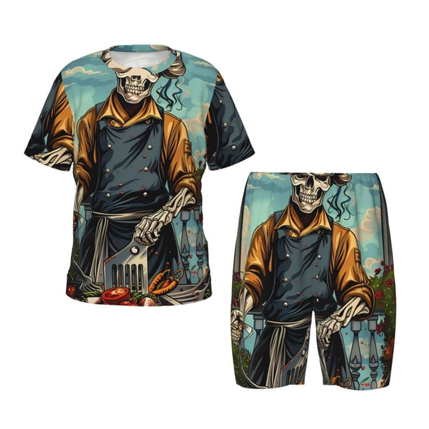 Balery Skeleton Chef BBQ Scene Conjunto de Pijama Infantil de Manga Corta con Estampado – Ropa de Dormir de Algodón Suave-Small