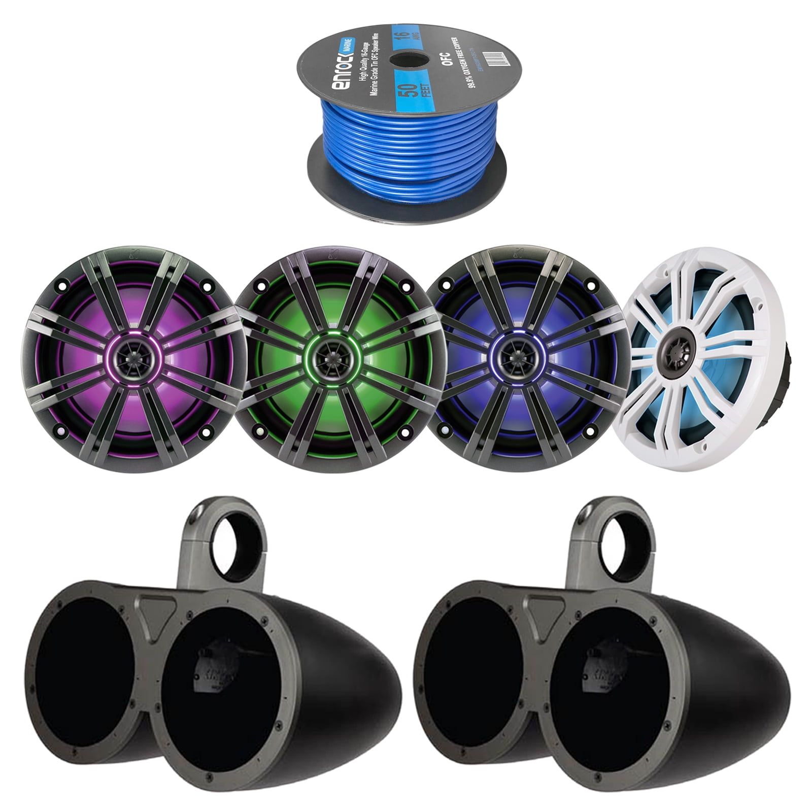 4x Kicker 6.5 Inch KMSeries LED Marine Boat Coaxial Speakers, 4x