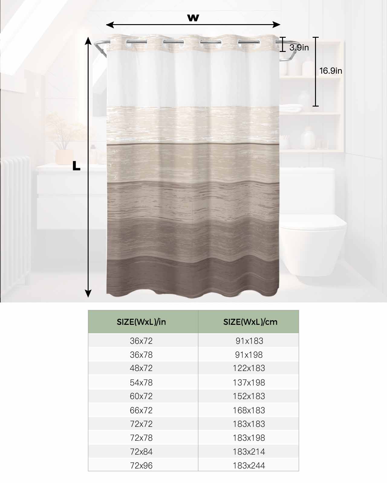 No Hook Shower Curtain with Snap in Liner, Khaki Striped Gradient Rustic Wood Board Hotel Shower Curtains for Bathroom, Washable Shower Curtain Liner Set with Mesh Top Window, 72"x72"