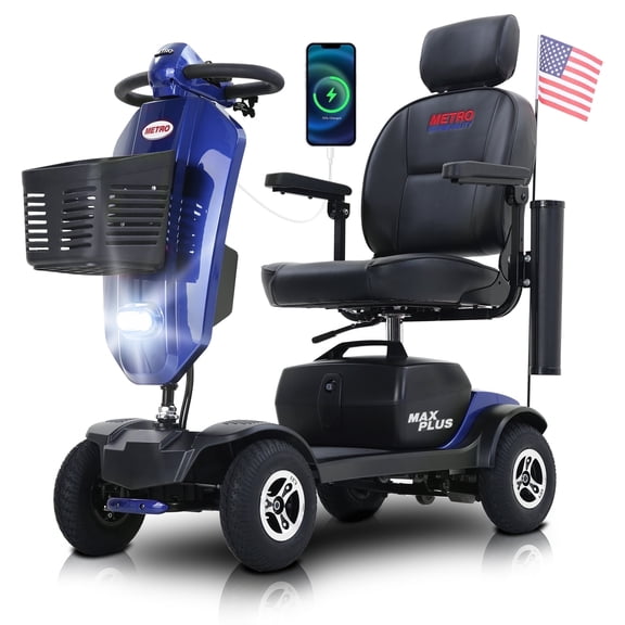 Metro Mobility Secure Folding 4-Wheel Mobility Scooter with Charger and Basket, Blue, 300 lb Limit