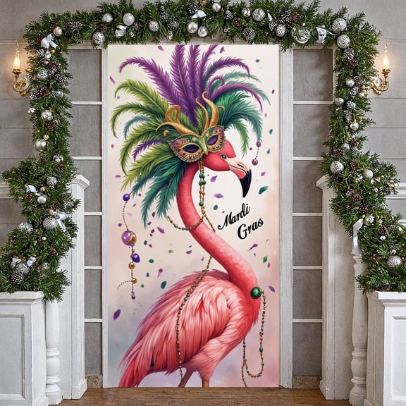 Flamingo Themed Mardi Gras Banner Carnival Mask Design Flamingo Display Colorful Feather Ornate Beads Carnival Backdrop for Mardi Gras Party Carnival Celebration Festival Event