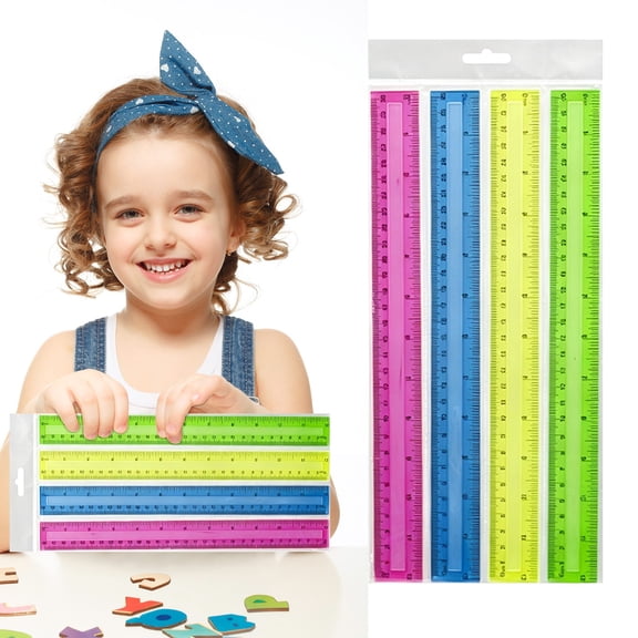 4 Pack 12 Inch Transparent Colored Plastic Straight Rulers, 30Cm Grooved Edge Ruler Set for Schol Classroom Home Office Measuring