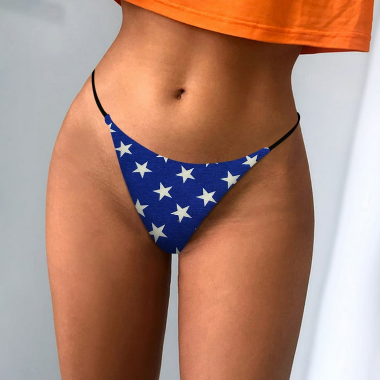 Sksloeg Womens Thongs Bikini Cheeky Bottom American Flag Printed G String  Panties Low Rise Underwear,Blue XXL