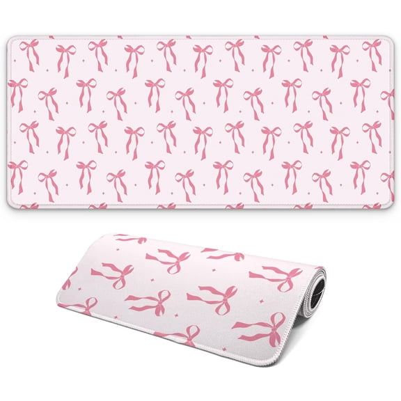 Large Computer Mouse Pad with Non-Slip Base for Desktop, Cute Gaming Mouse Mat with Stitched Edges, Long Extended Anime Mousepad for Laptop, 31.5 x 11.8 inches (Pink Ribbon Bow)
