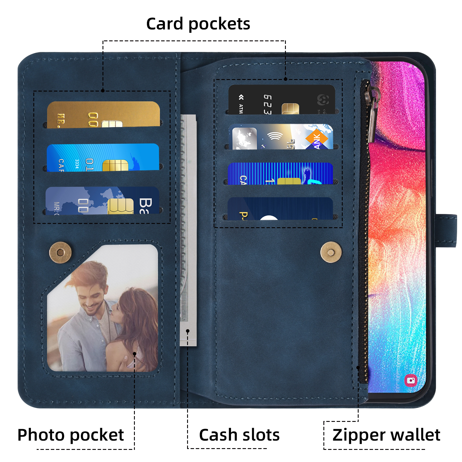Asuwish Phone Case for Samsung Galaxy A50 A50S A30S Wallet Cover With Tempered Glass Screen Protector Crossbody Wrist Strap Flip Pattern Zipper Card Holder Cell A 50 50S 30S S50 50A SM A505G Men Blue