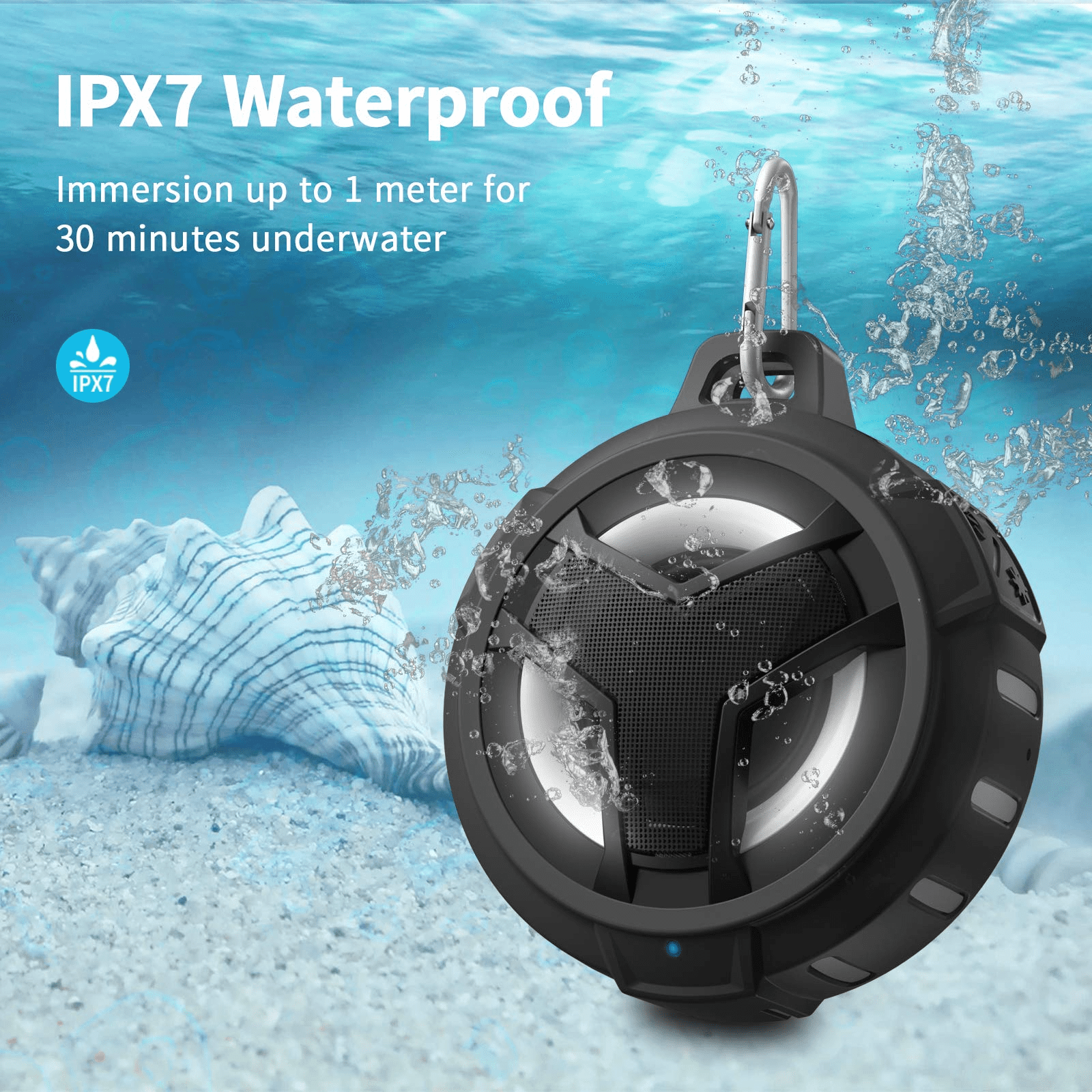 EBODA Bluetooth Shower Speaker, IPX7 Waterproof Portable Bluetooth Speakers, Wireless Speaker with LED Light, Floating, 2000mAh, True Wireless Stereo for Kayak, Beach, Gifts for unisex -Black