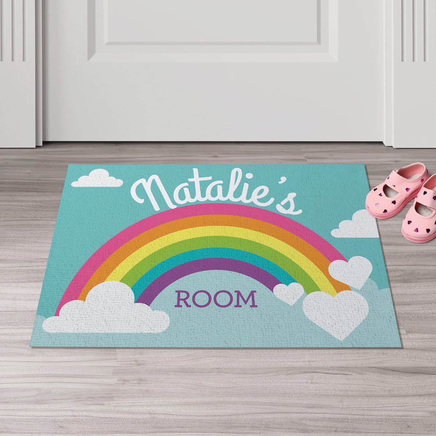 Personalized Planet 27x18 Girls Rainbow Bedroom Doormat with Custom Name Printed on Blue Rectangular 1/4” Thick Non Slip Mat with Clouds and Hearts Design