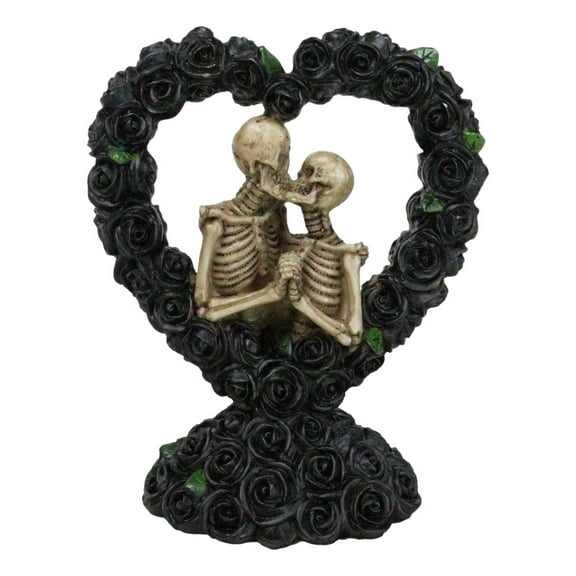 Love Never Dies Black Bridal Roses Heart Wreath Skeleton Couple Kissing Figurine