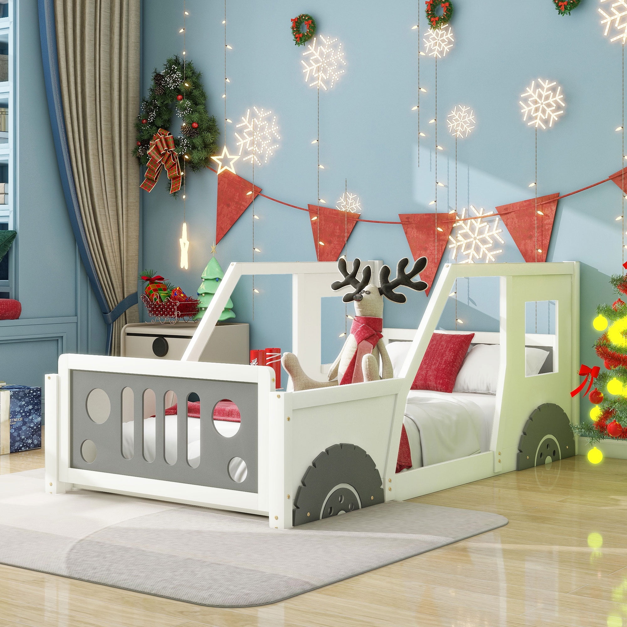 Euroco Car-Shaped Twin Size Platform Bed for Kids’ Bedroom, Solid Car Bed for Gift,Low Profile,White