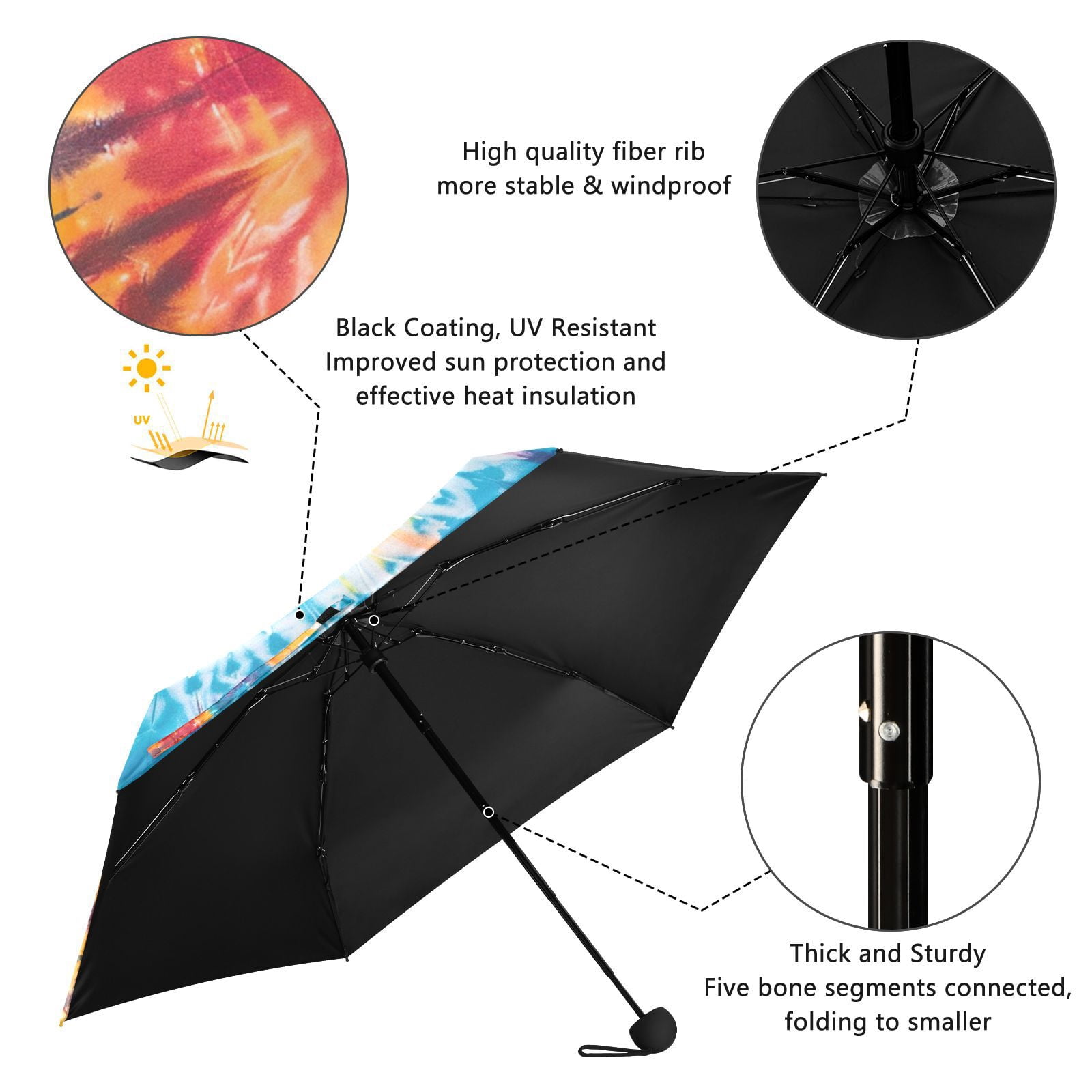 JSTEL Tie Dye Rainbow Color Folding Umbrella for Rain Sun Travel Mini Lightweight Compact Umbrellas
