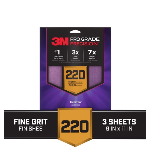 3M Pro Grade Precision Sandpaper, 220 Grit, No-Slip Grip Backing, 9 in. x 11 in., 3 Sheets