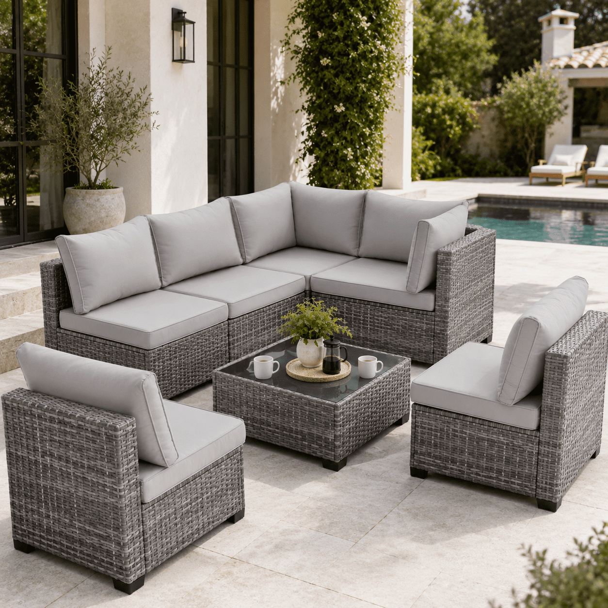 Seizeen Outdoor Furniture, 7PCS Patio Furniture Set Sectional Sofa with Cushions, Front Porch Balcony Furniture Conversation Couch Set with Table