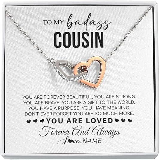 To My Badass Cousin Necklace Gift, Floral Cousin Birthday Gift, Christmas Gift for Her, Interlocking Heart Necklace with Message Card and Gift Box, Wedding Gift for Her